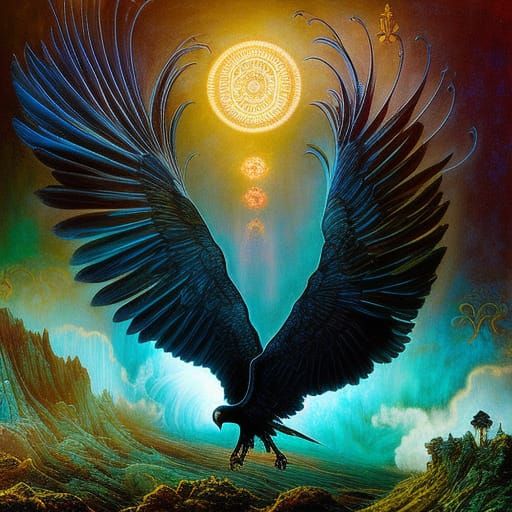 Bioluminescent Skeletal Crow in Misty Landscape