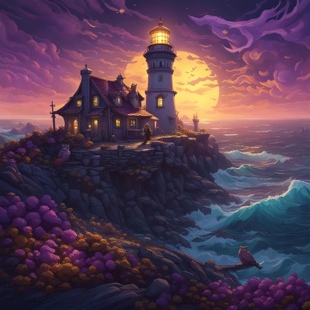 Owls Guarding Lighthouse: Dark Fantasy Concept Art