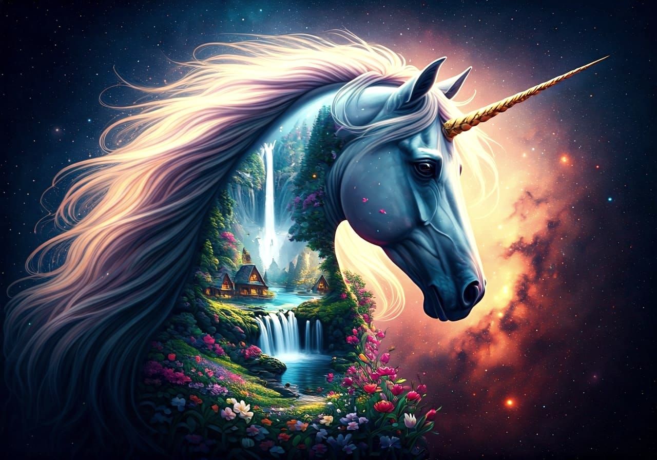 Unicorn Dreamscape: Double Exposure Fantasy Landscape