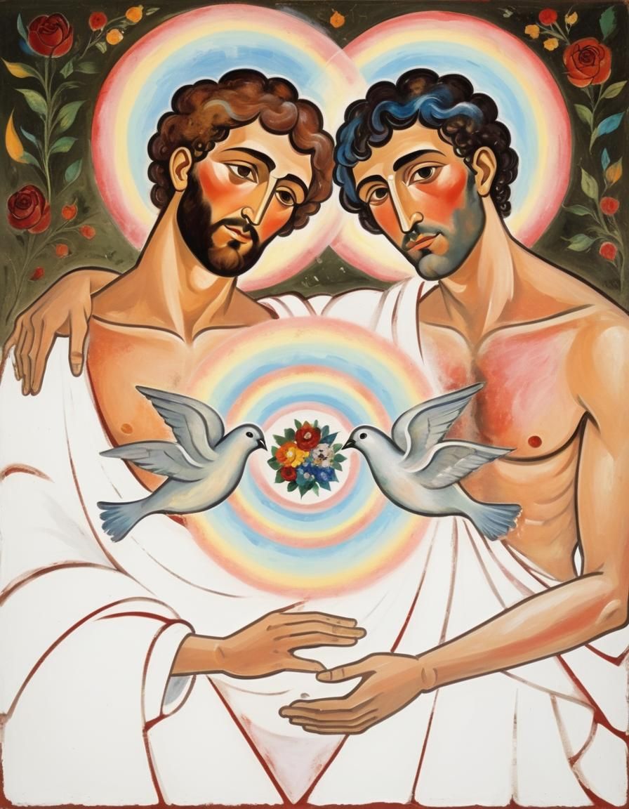 Two Noble Men Embracing in a Spiritual Realm