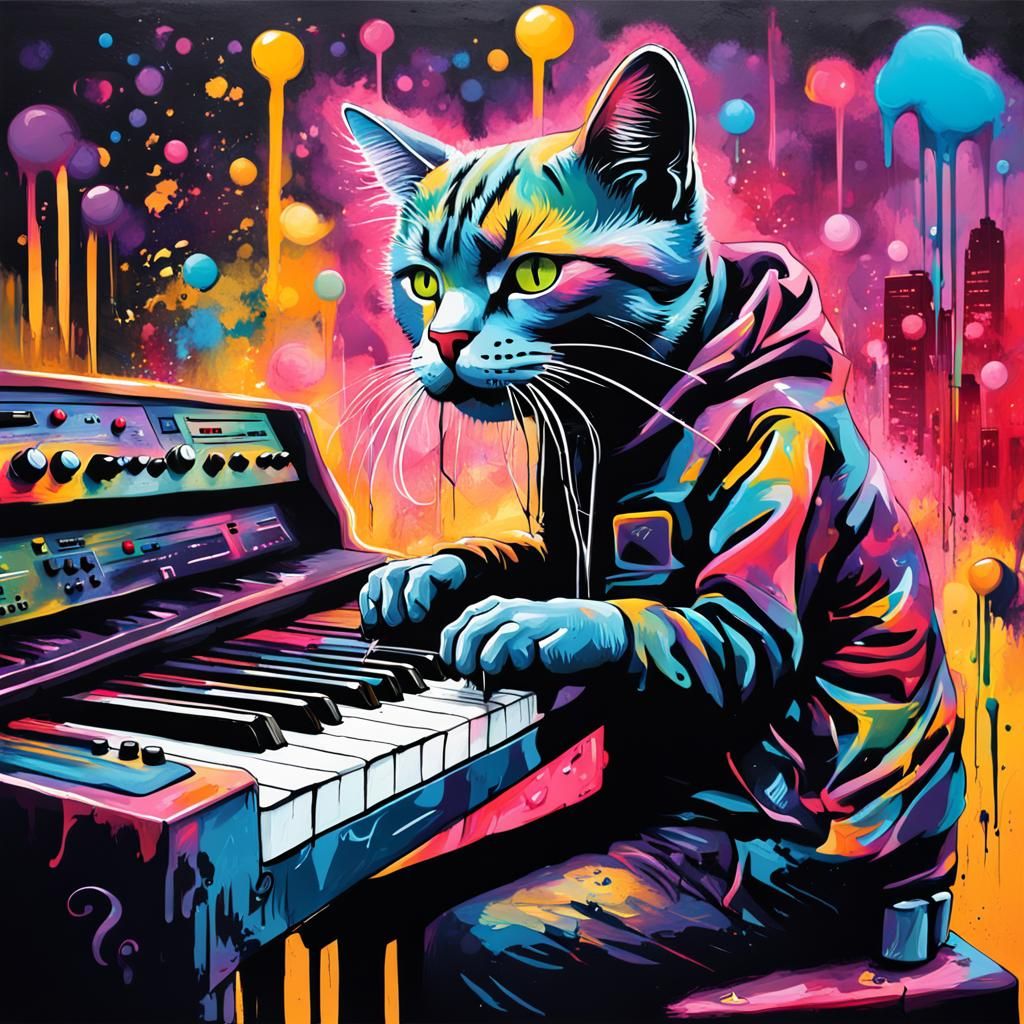 Colorful Graffiti Art: Old Musician, Synthesizer and Cat