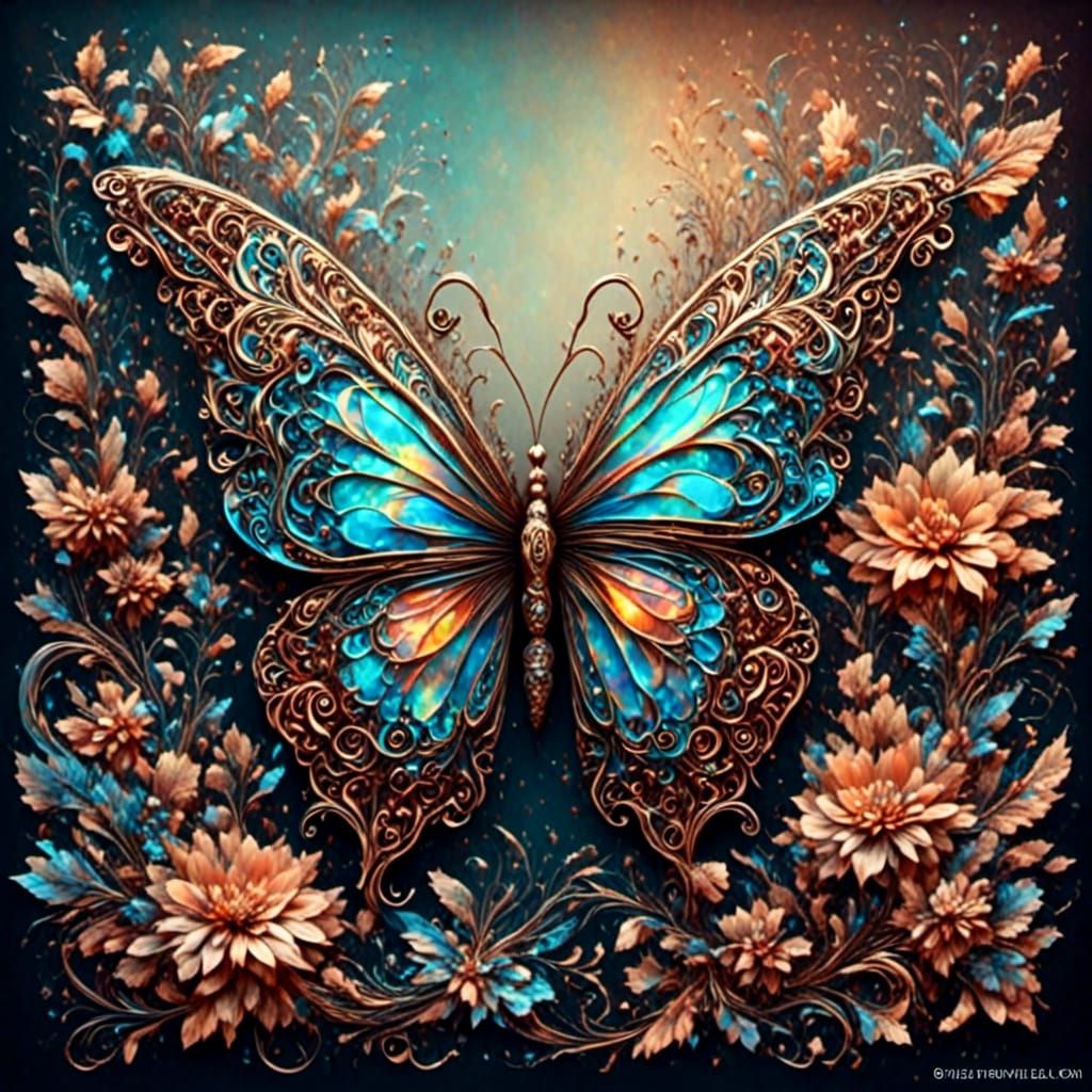 Opal Butterfly on Flower, Surreal Fantasy Art