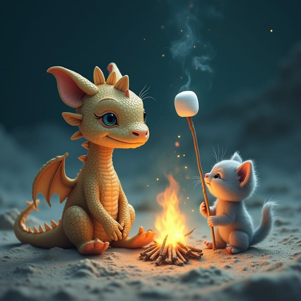Moonlit Dragon and Kitten Toasting a Marshmallow