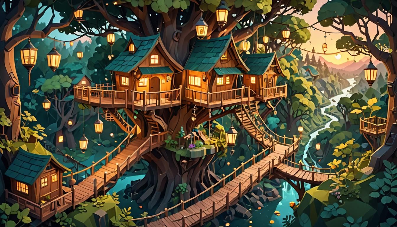 Isometric Treehouse Village in Low-Poly Style