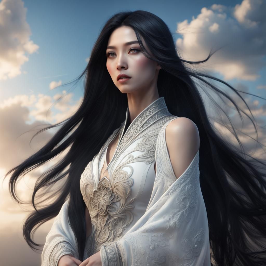 Asian Woman with Long Black Hair, Fantasy Art