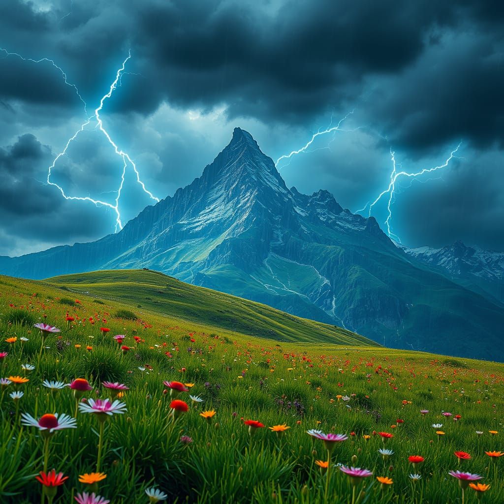 Lush Field in Turbulent Stormy Mountainscape