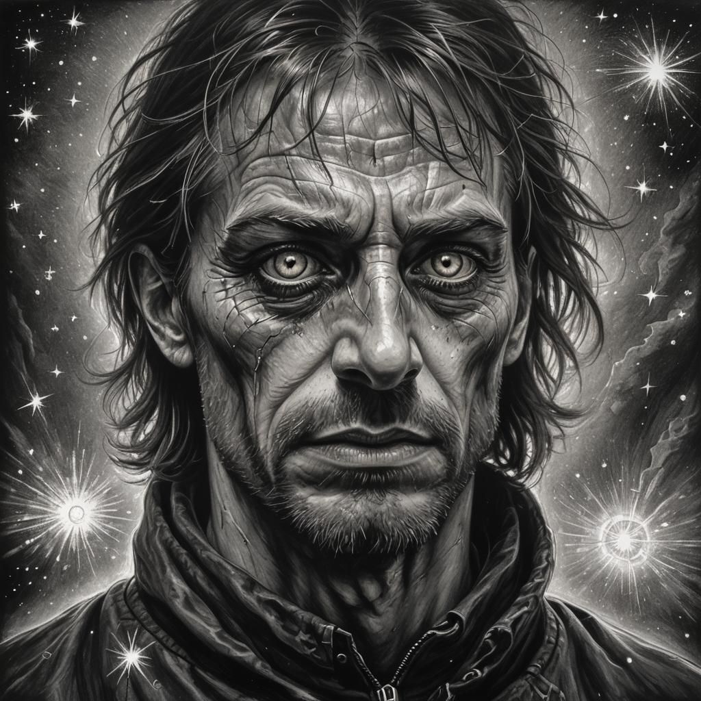 Hazel Eye Reflects Starlight: Sinister Charcoal Portrait