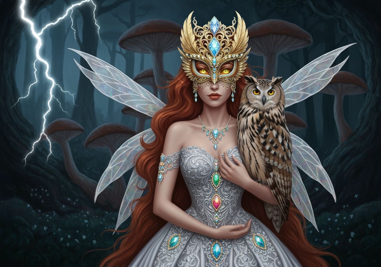 Fairy Queen with Owl Mask in Fantasy Forest
