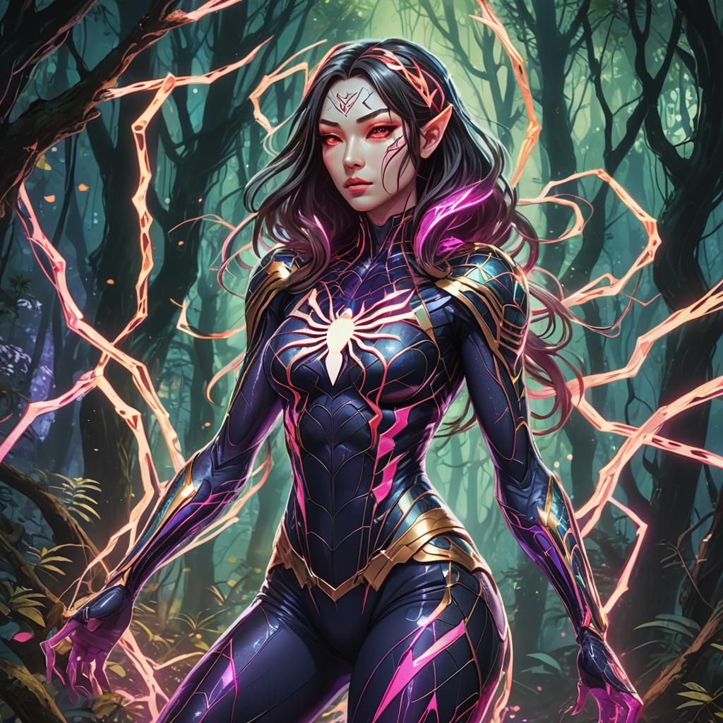 Anime Spider-Woman Hybrid in Neon Forest