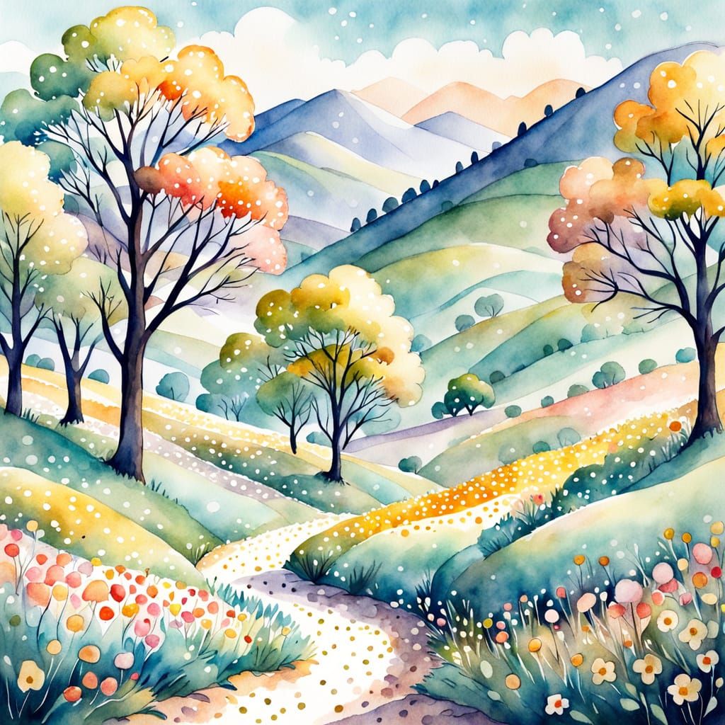Whimsical Polka Dot Landscape in Watercolor Style