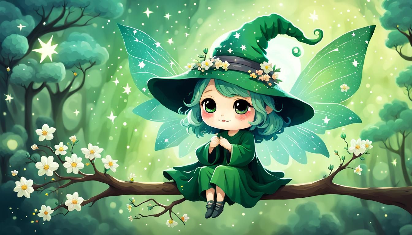 Chibi Green Witch with Flowery Wings in Warm Forest