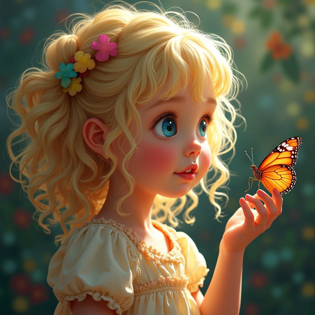 Girl Gazing at Butterfly: Hyperrealistic Digital Art