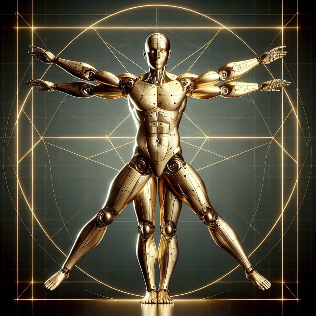 Golden Robot Vitruvian Man in Geometric Setting