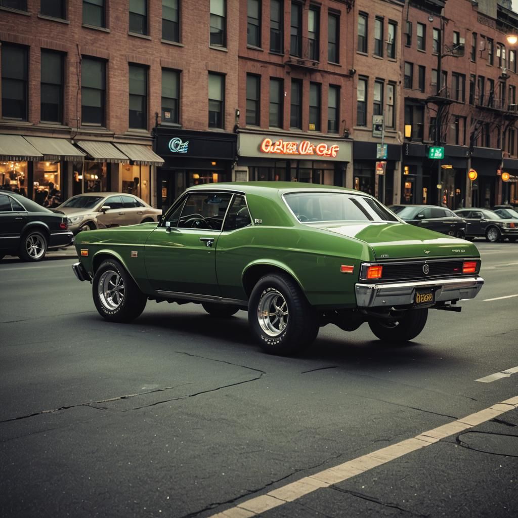 Green 1972 Chevy Nova SS Cruising City Street