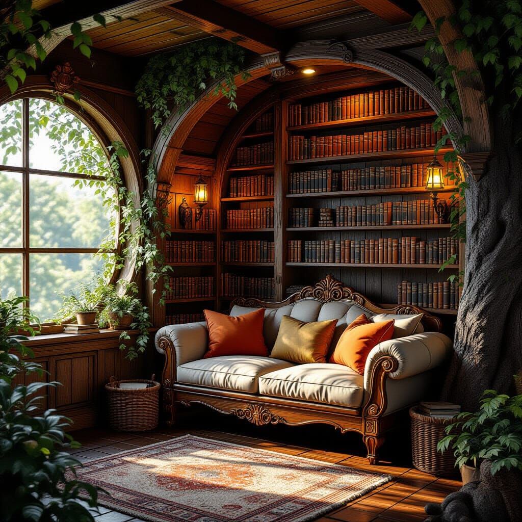 Cozy Treehouse Library with Golden Lighting
