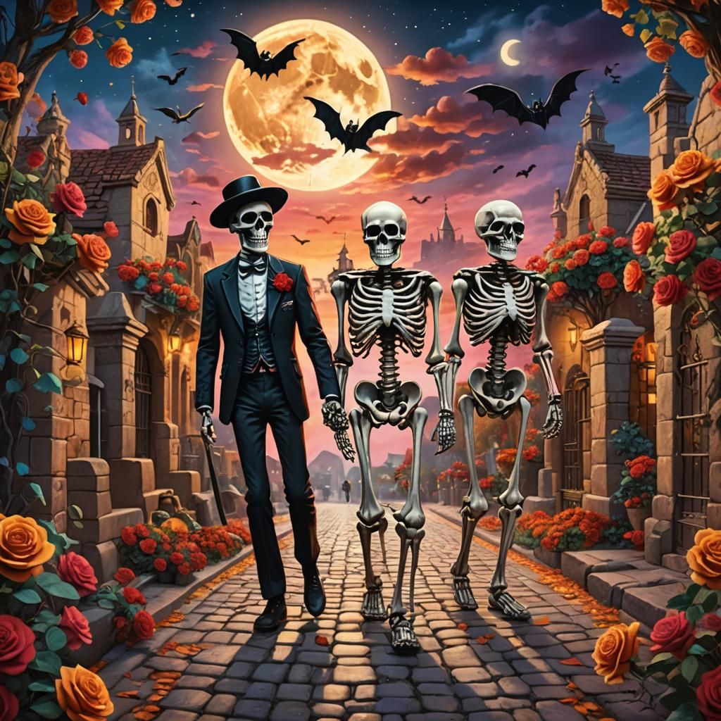 Day of the Dead Skeletons in Surreal Scene