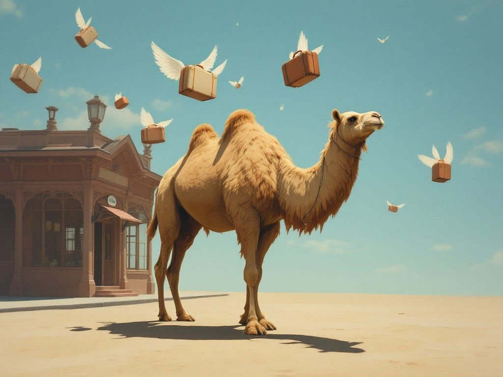 Surreal Camel in Dreamlike Train Station Landscape