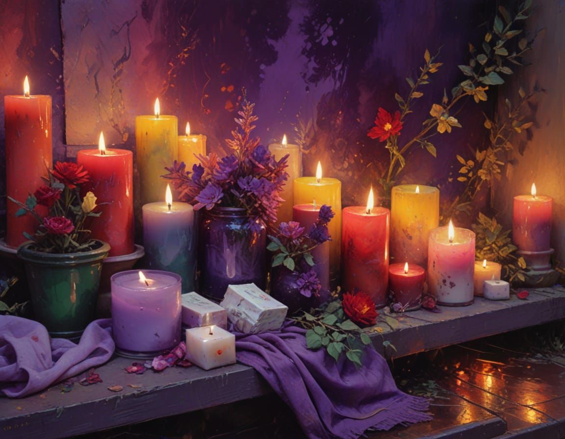 Vibrant Candles in a Garden at Night