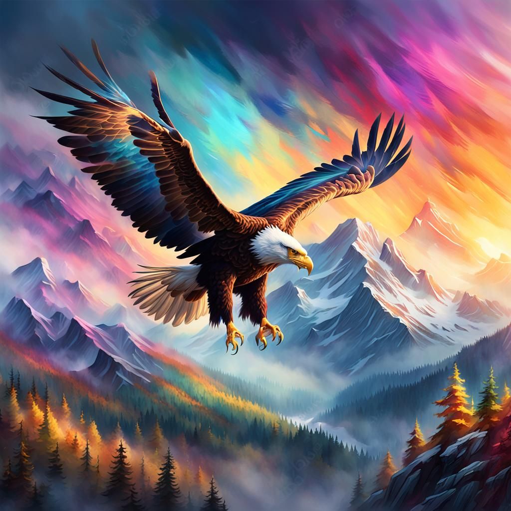 Eagle Soars Above Misty Mountains in Vibrant Oil Painting