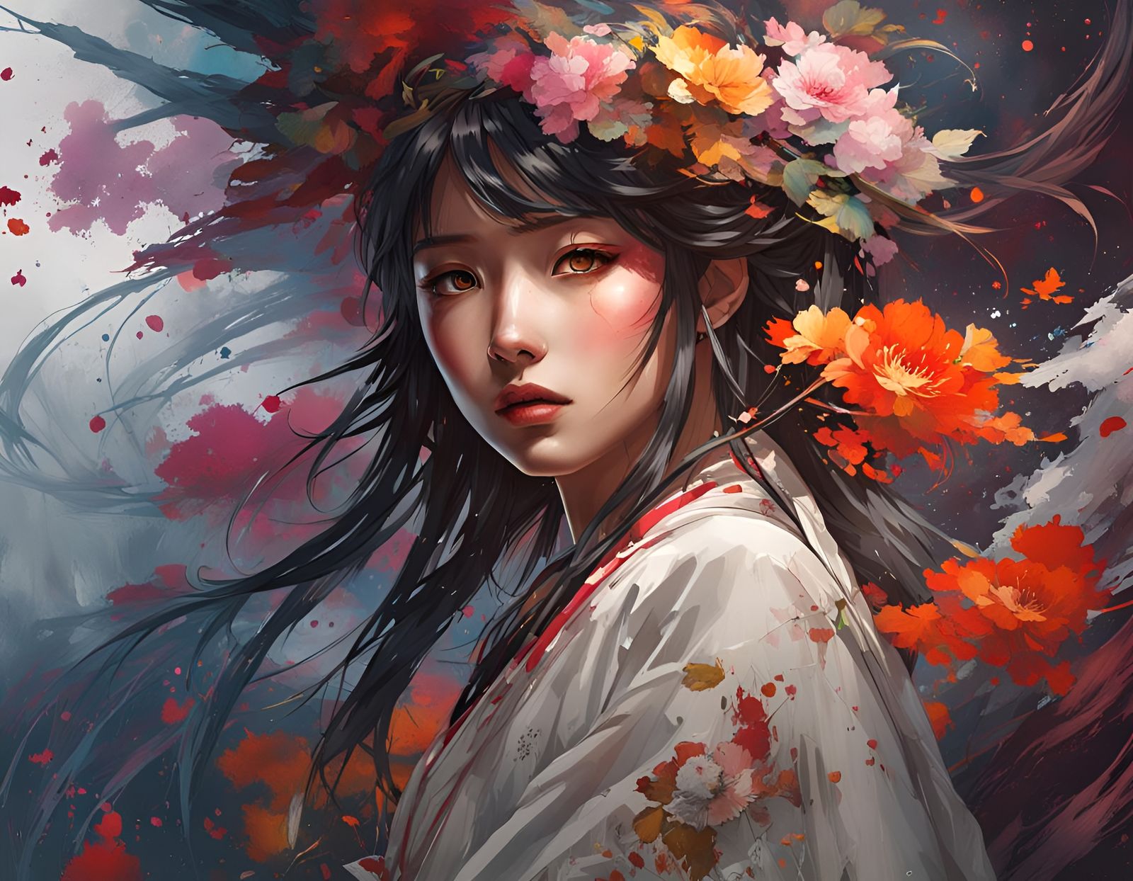 Japanese Girl in Hyperdetailed Splash Art