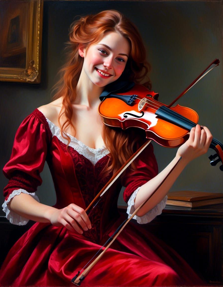 Victorian Woman with Violin in Red Velvet Dress