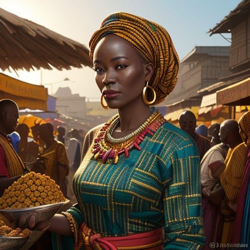Ghanaian Marketplace Scene with Woman in Kente Cloth
