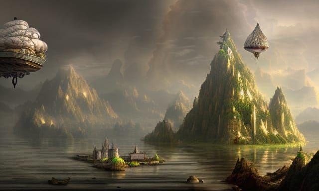 Epic Fantasy Floating Island Above Village