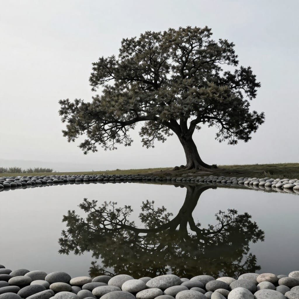 Still Pond Reflecting Ancient Oak Tree in Zen Style
