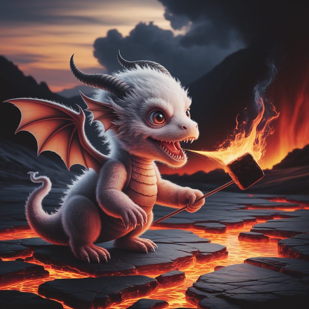 Fiery Furry Dragon Ignites Volcanic Landscape