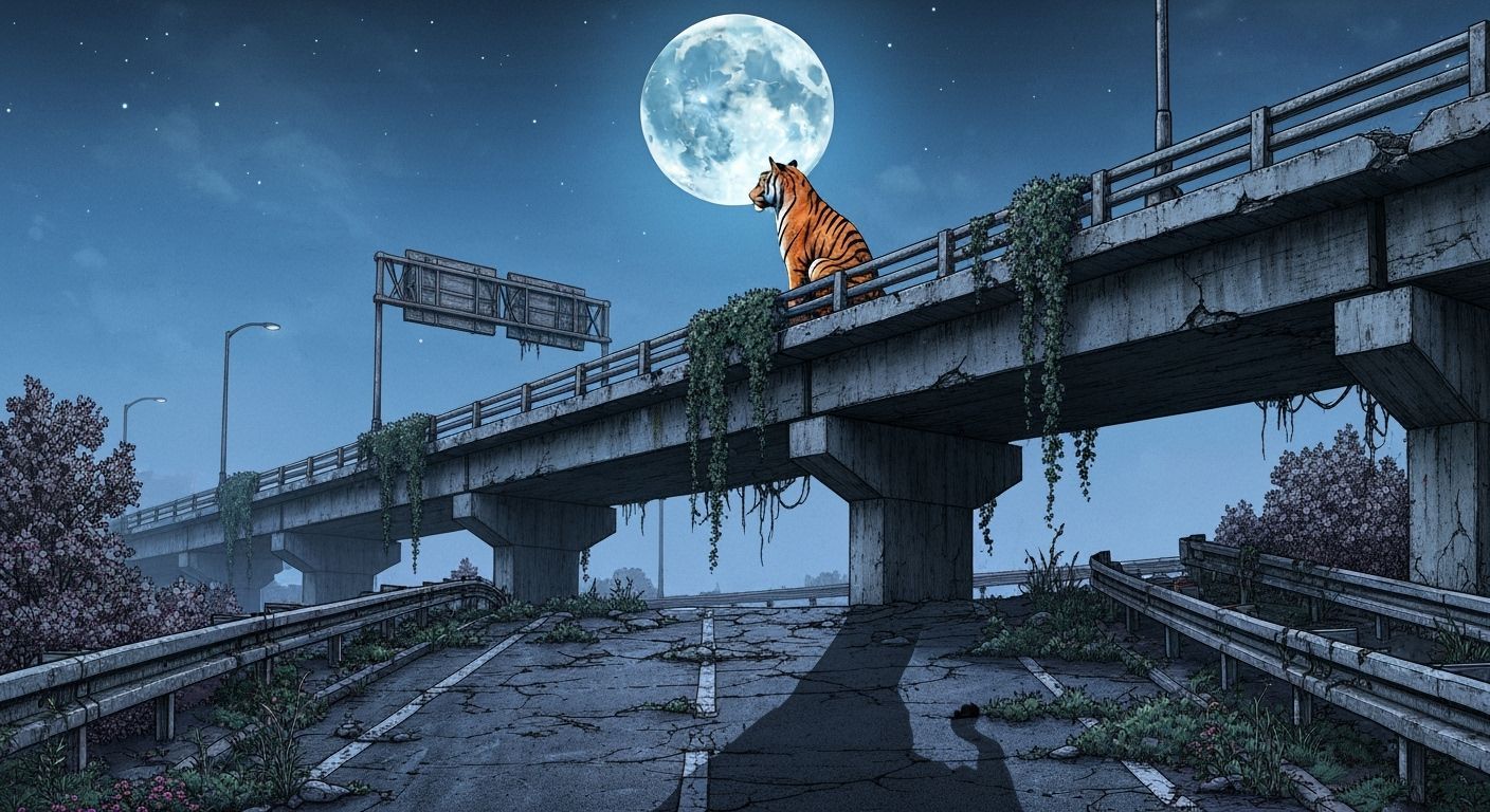 Tiger Gazes at Ethereal Moon on Overgrown Overpass