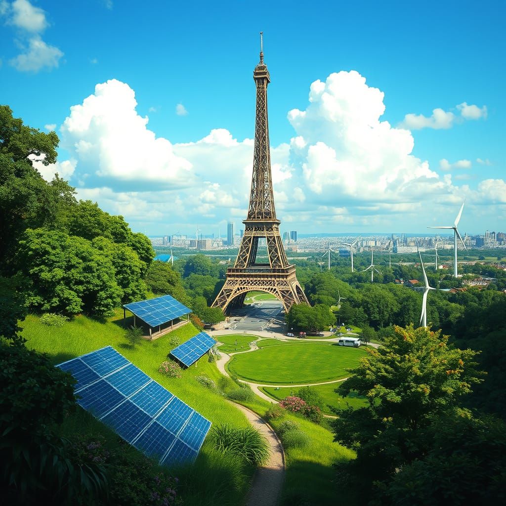 Eiffel Tower in Lush Solarpunk Landscape