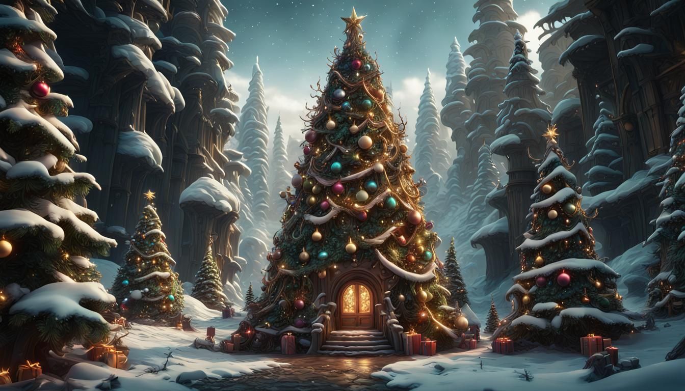 Detailed Matte Painting of Unconventional Christmas Trees