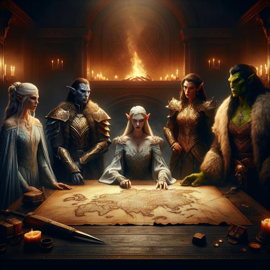 Fantasy Characters Around a Map in Digital Art