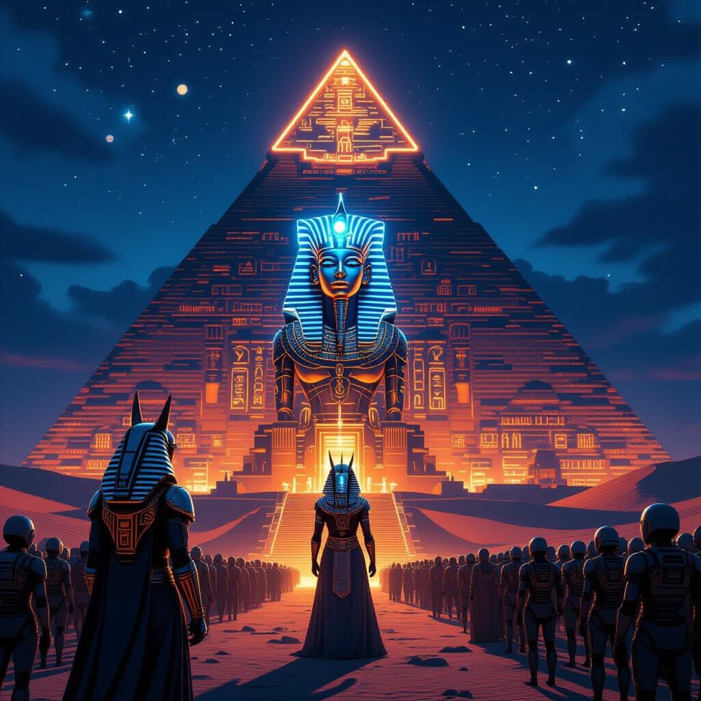 Cybernetic Pharaoh Addresses Robotic Citizens in Sci-Fi Egyp...