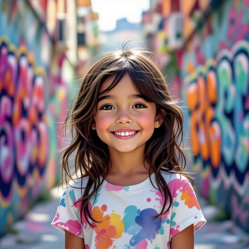 Joyful Girl in Vibrant Graffiti Alley