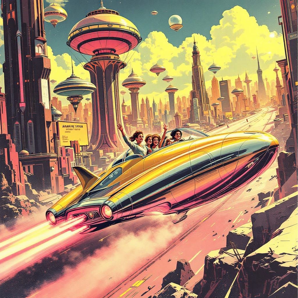 Retro-Futuristic 1950s Future Cityscape with Flying Car