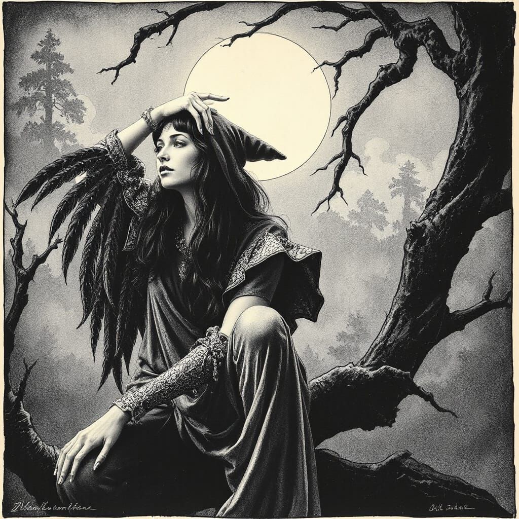 Surrealist Art Nouveau Ink Painting of a Witch in Modern Eur...