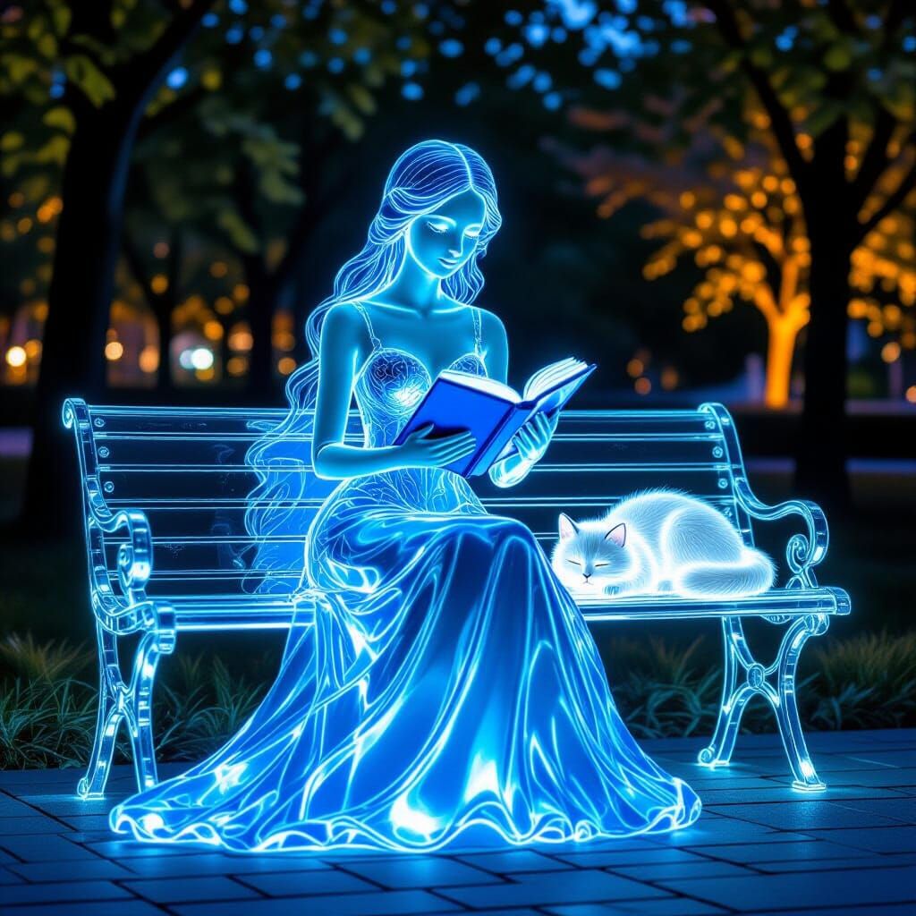 Ethereal Glass Girl with Glowing Book in Fantasy Park