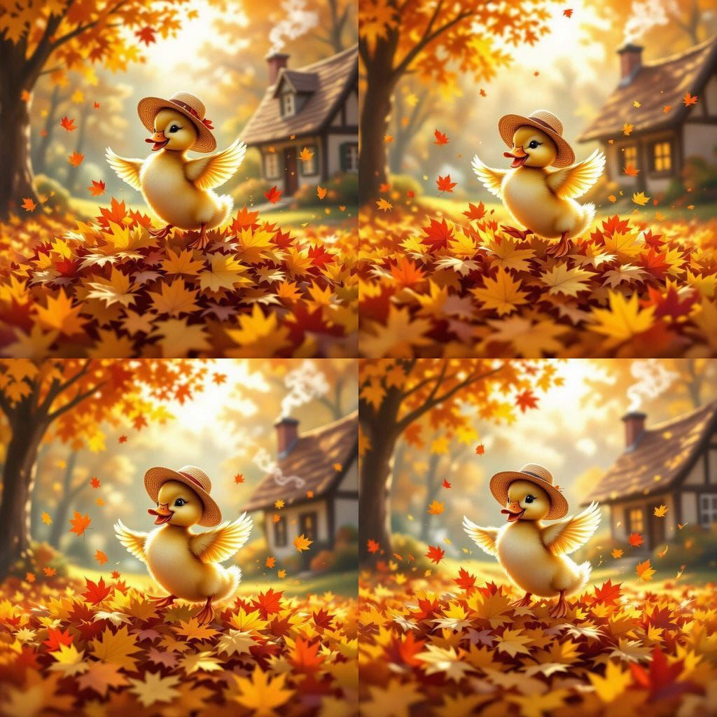 Golden Duckling Leaps Into Autumn Leaves Near Cottage