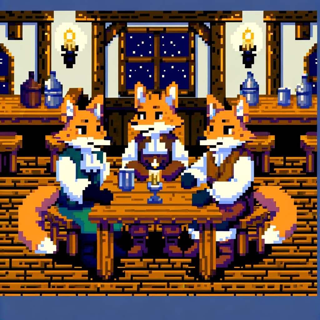 Retro Fox Adventurers Gather in Cozy Tavern