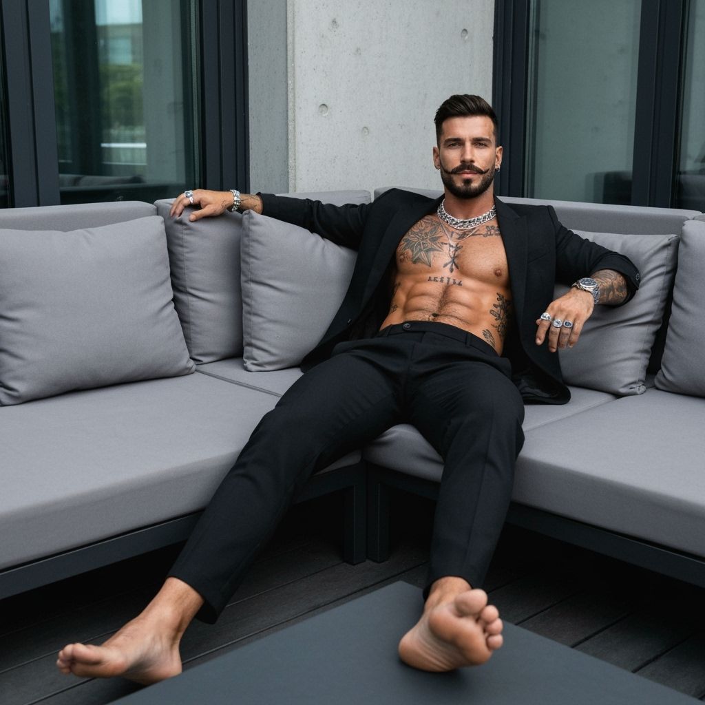 Muscular Man Poses Confidently in Modern Outdoor Lounge