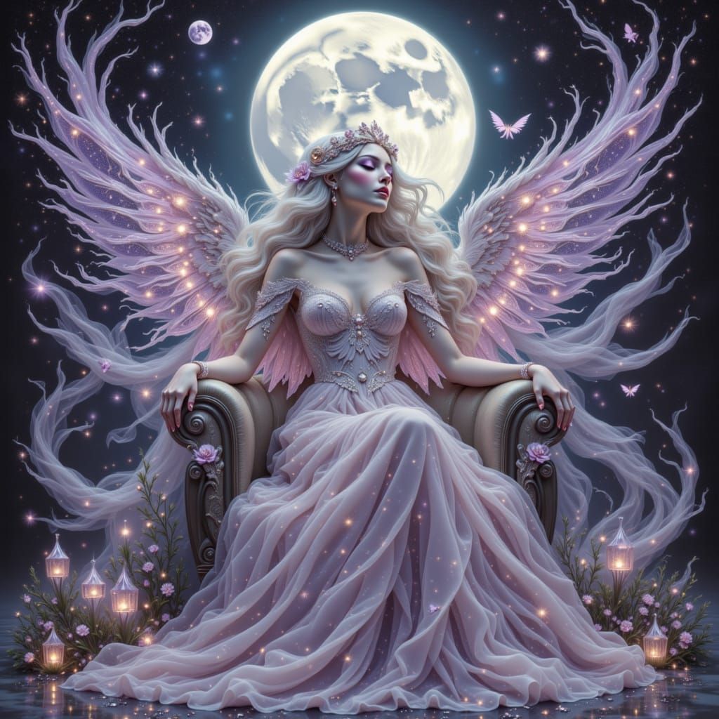 Gothic Angel on Rose Throne in Art Nouveau Style
