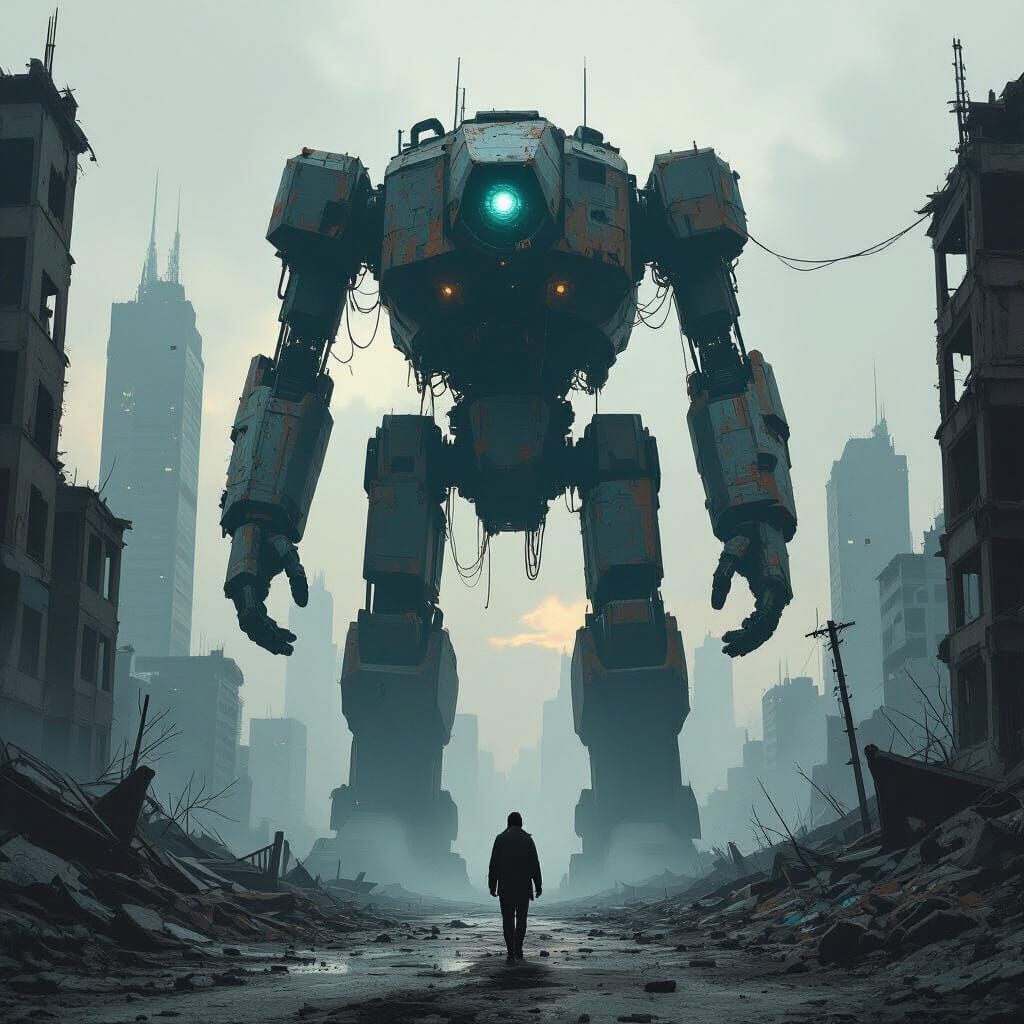 Robot Overlooks Ruined City Ruins
