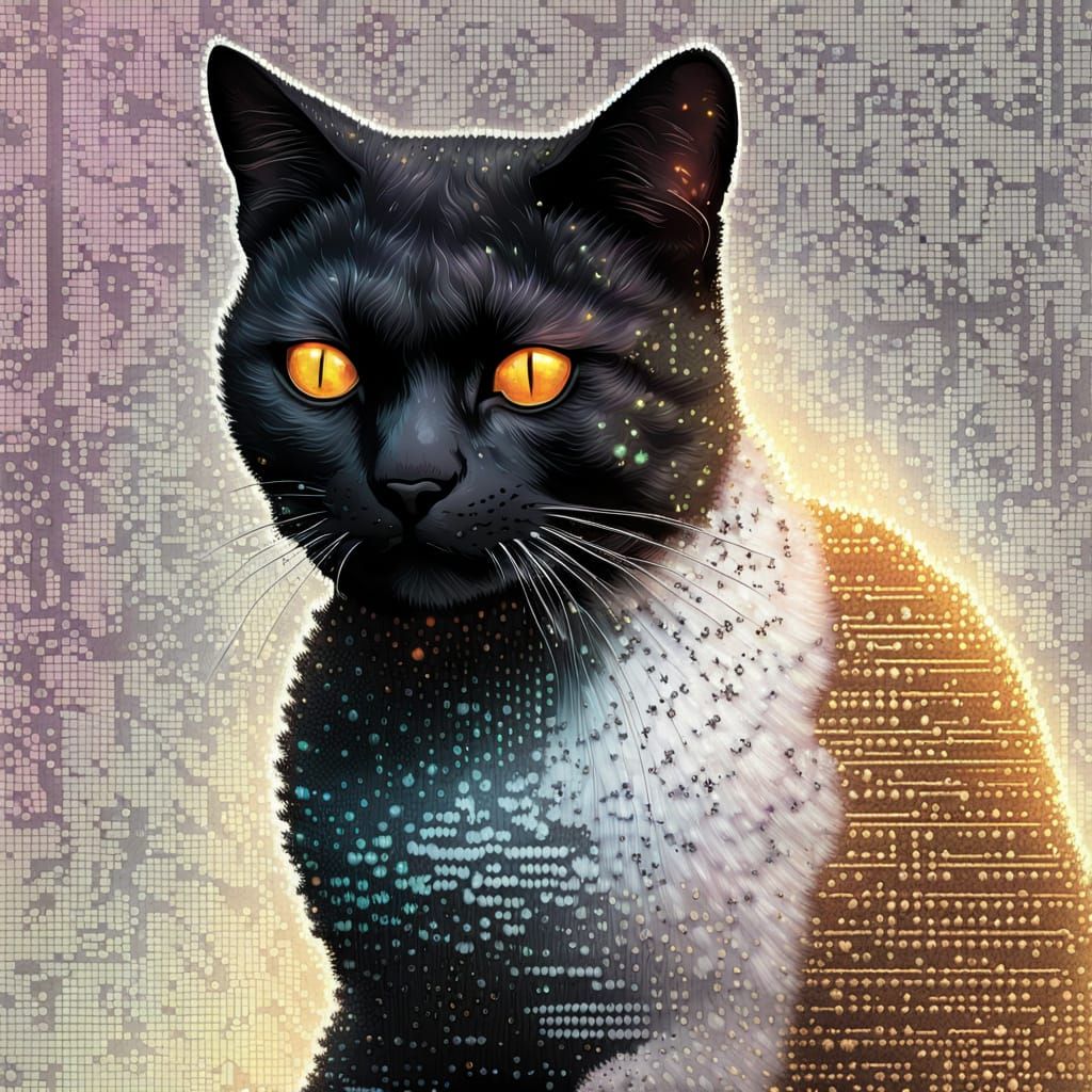 Cyberpunk Cat Made of Glowing Code in Pointillist Style