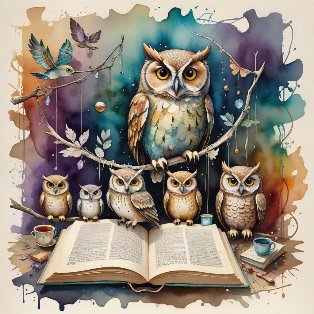 Whimsical Owls Study Ancient Tomes