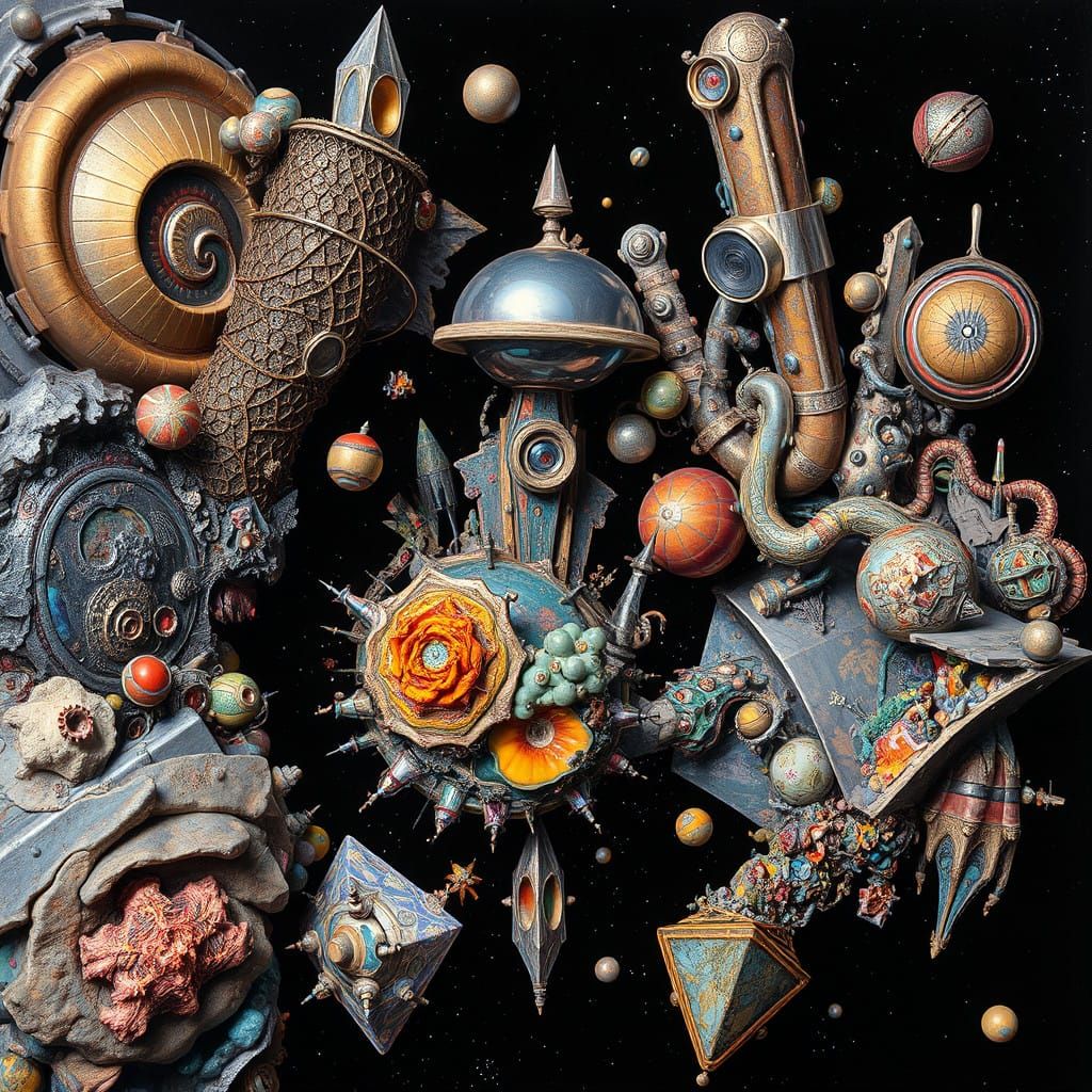 Dreamlike Cosmos: Swirling Metallic Patterns in Starry Void