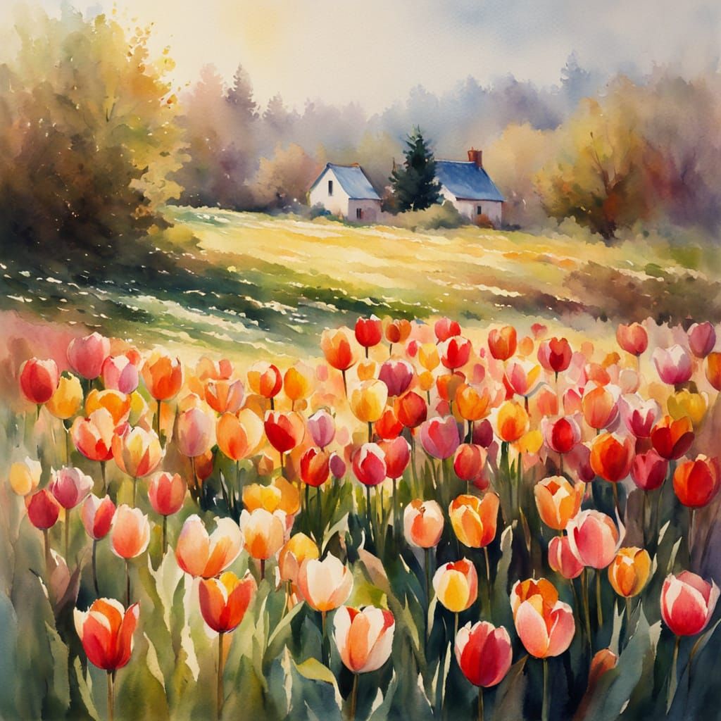 Impressionist Watercolour Painting of Tulip Field