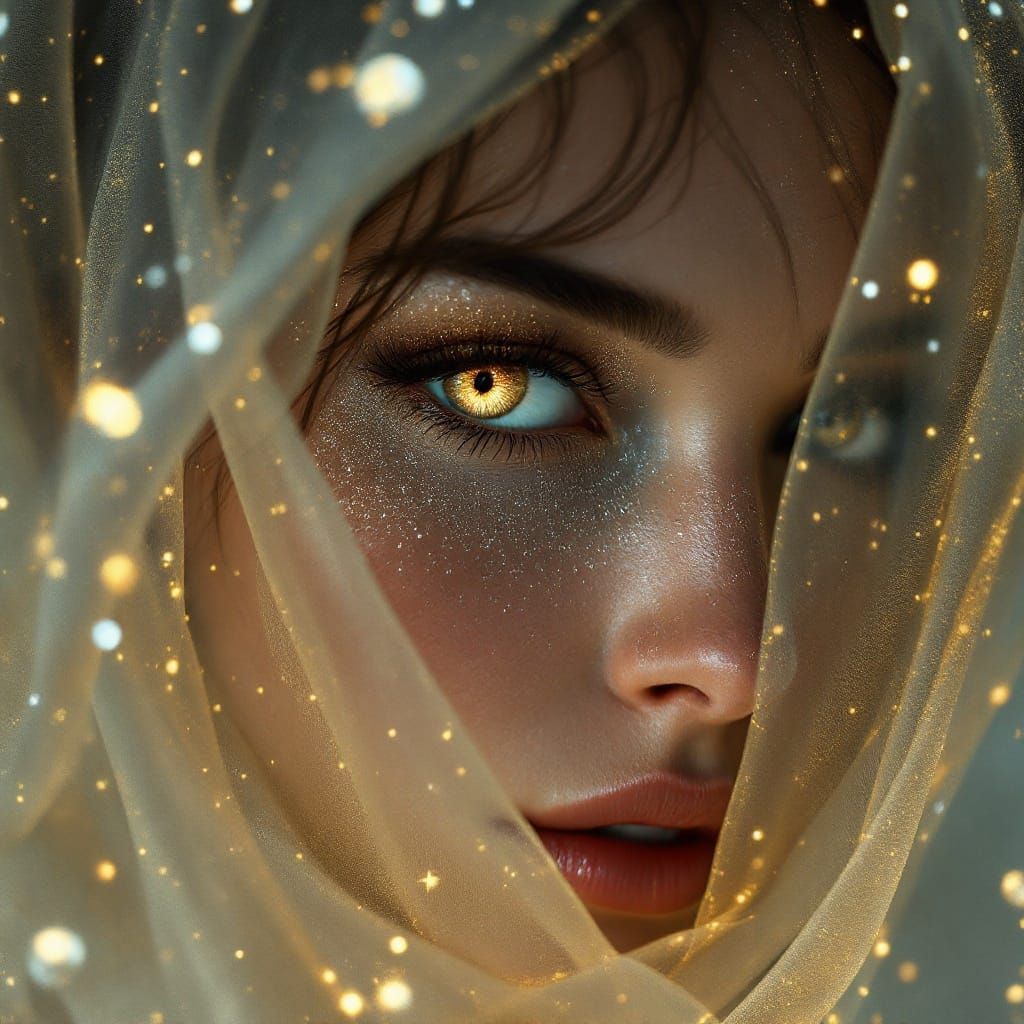 Ethereal Goddess in Shimmering Gold Veil