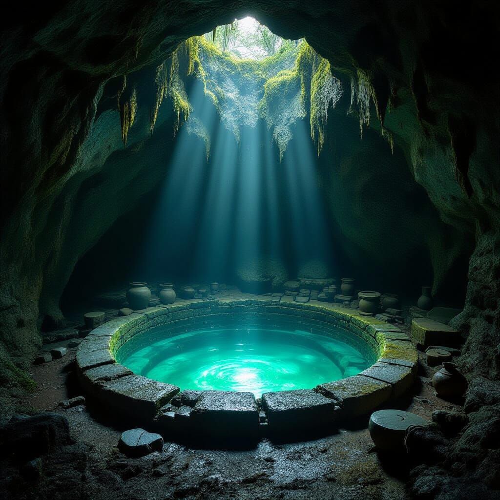 Ethereal Glowing Well in Mysterious Ancient Cave