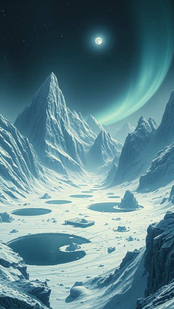 Cosmic Winter Planet with Glowing Aurora and Alien Ruins